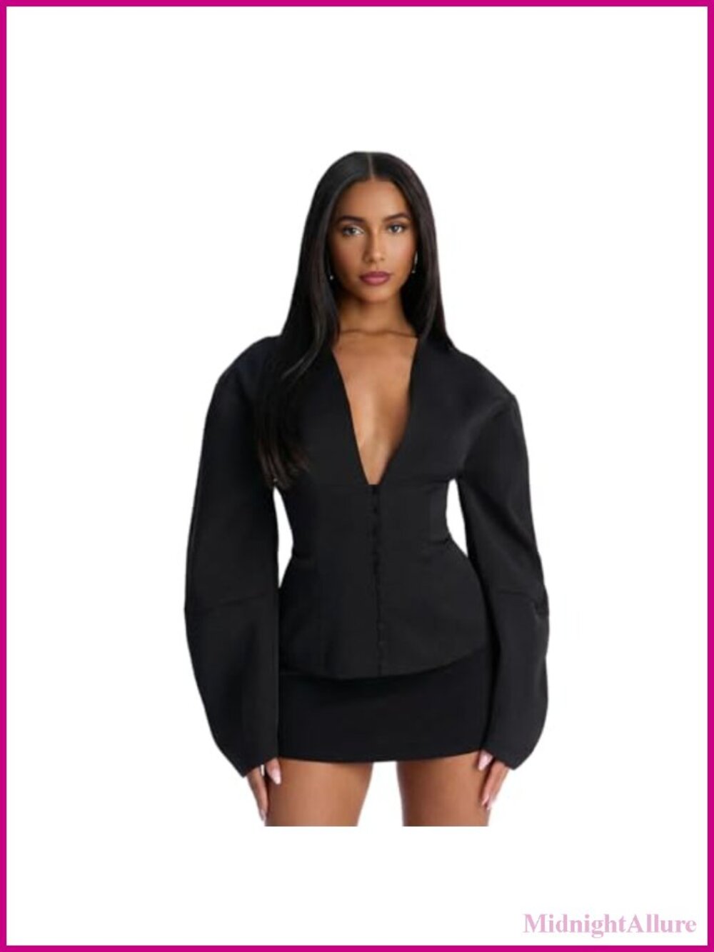 Women's Slim Fit Puff Sleeve Blazer Deep V-Neck Button Front Padded Shoulder
